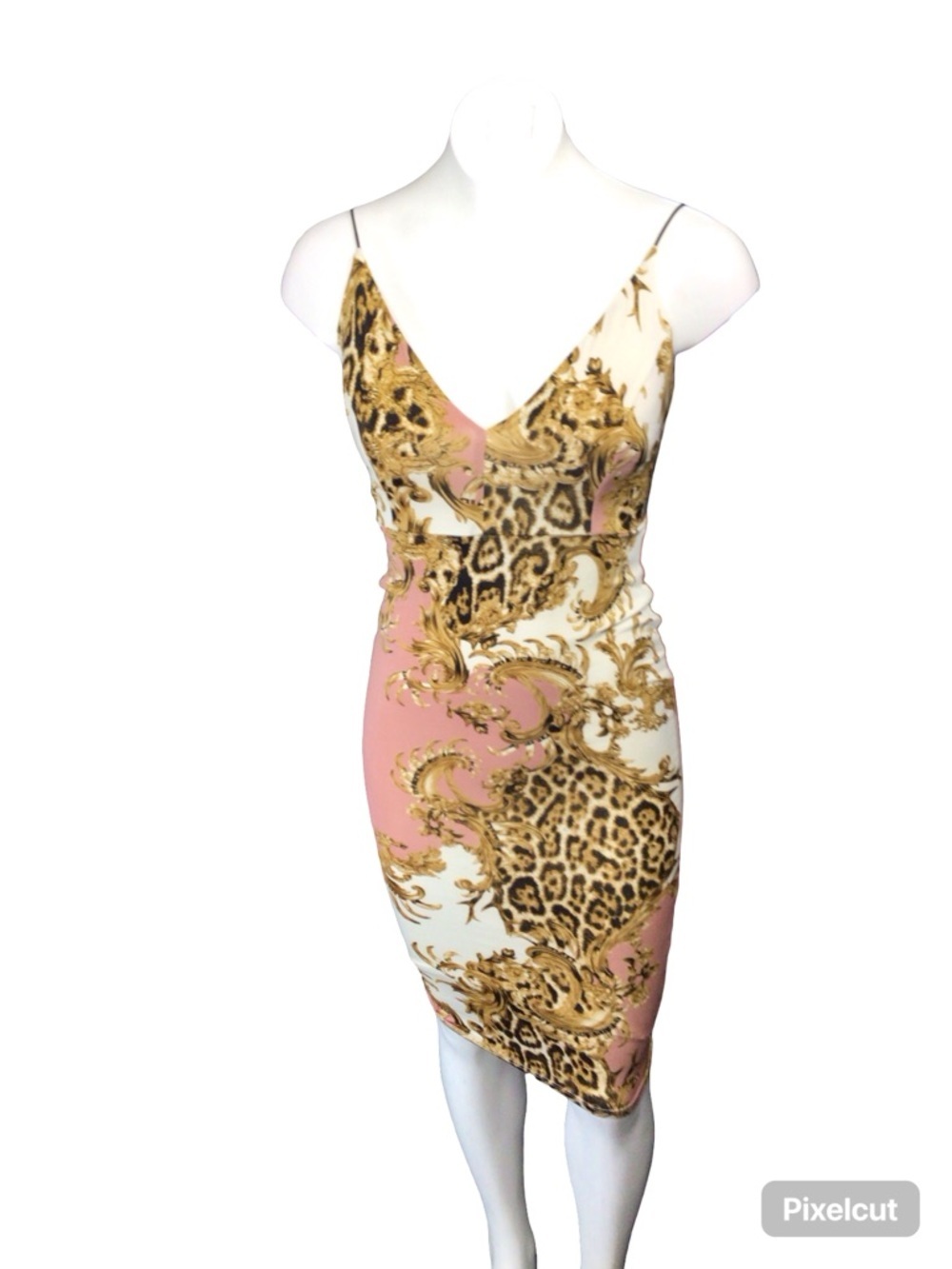 Guess Pink, Gold & Cream Animal Print Slip Midi Dress